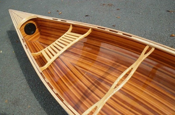 Inside of a wooden boat.